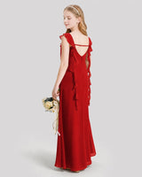 Red Chiffon Ruffled V-Neck Junior Bridesmaid Dresses Back View