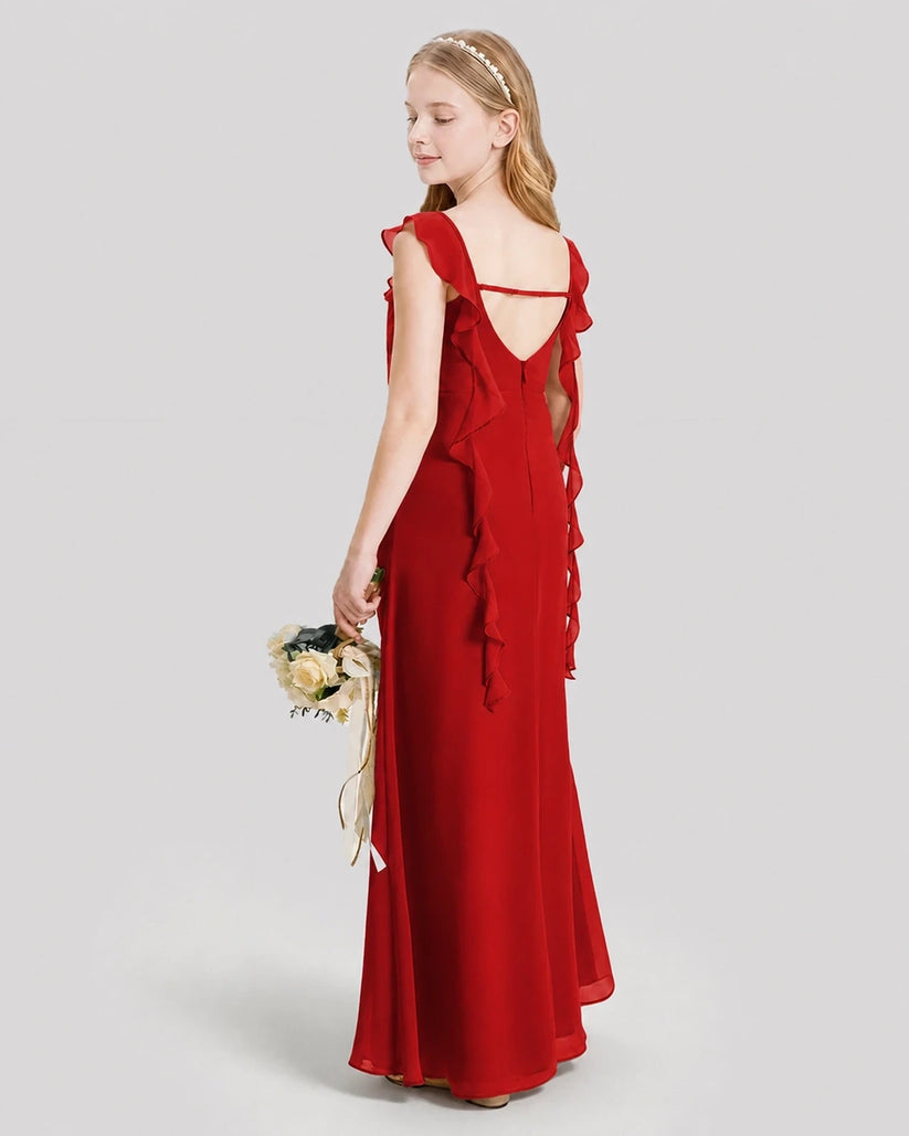 Red Chiffon Ruffled V-Neck Junior Bridesmaid Dresses Back View