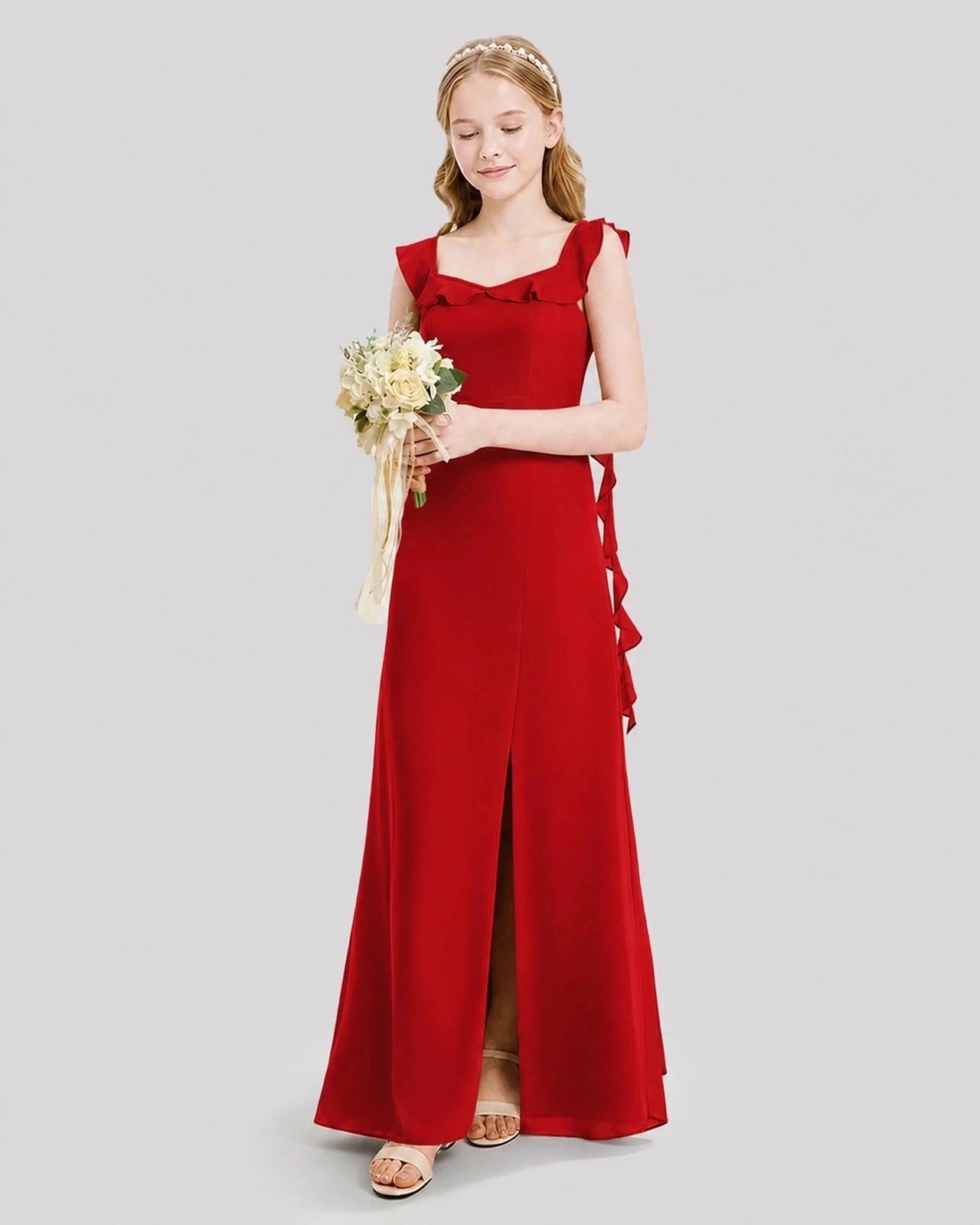 Dideyttawl Ruffle Shoulder Chiffon Junior Bridesmaid Dress