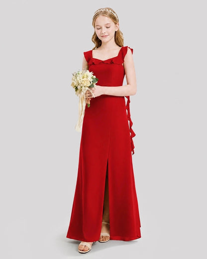 Dideyttawl Ruffle Shoulder Chiffon Junior Bridesmaid Dress