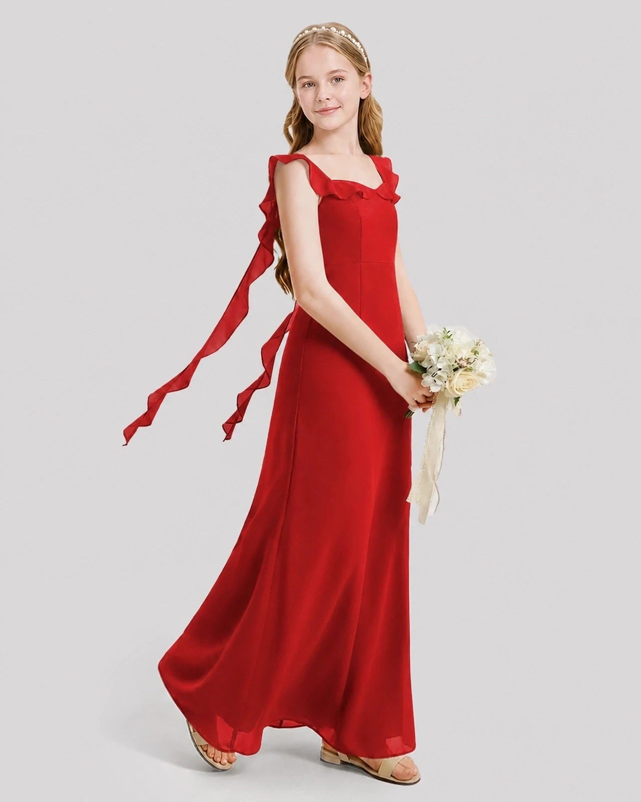Dideyttawl Ruffle Shoulder Chiffon Junior Bridesmaid Dress