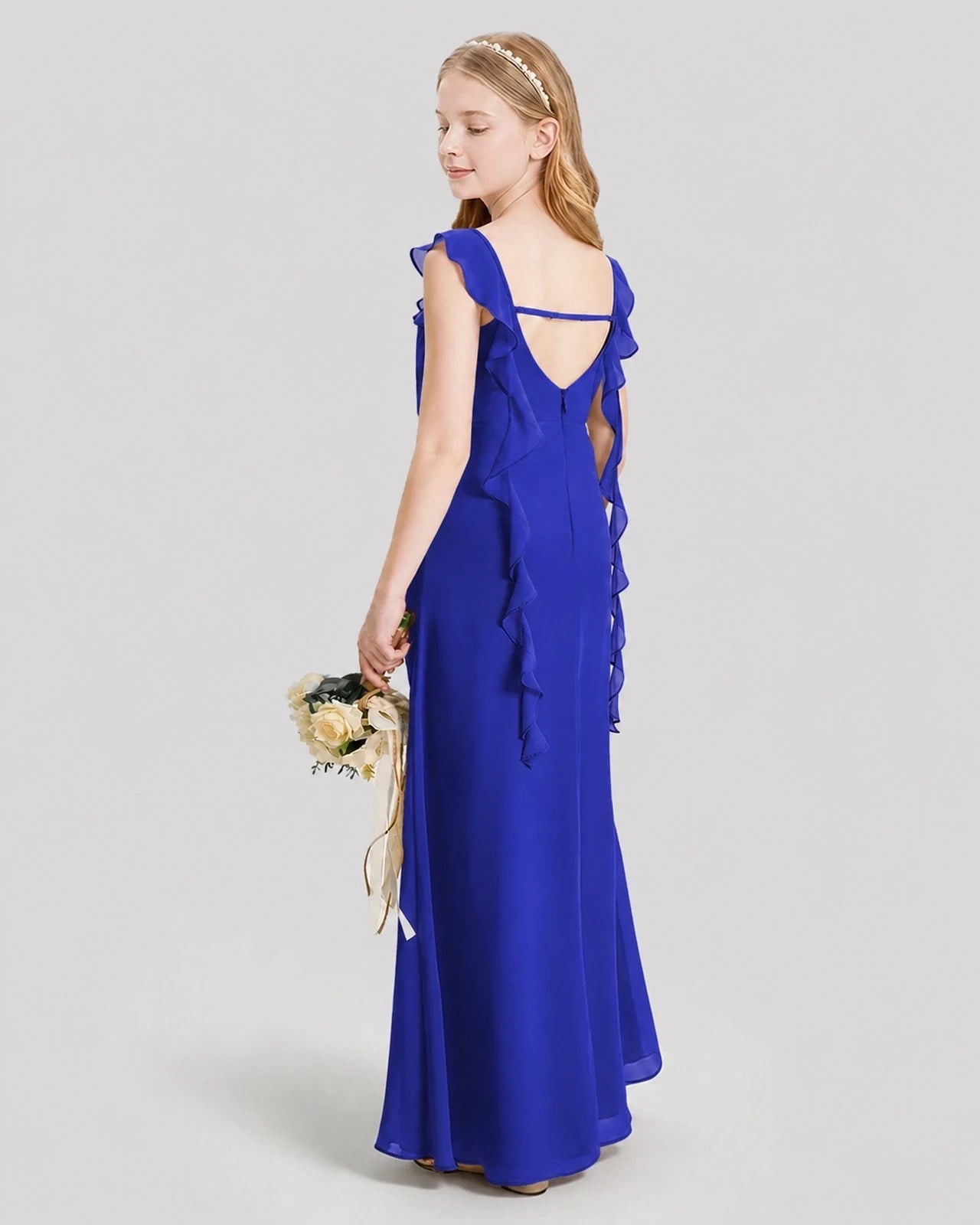 Dideyttawl Ruffle Shoulder Chiffon Junior Bridesmaid Dress