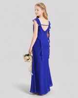 Royal blue chiffon ruffled sleeveless junior bridesmaid dress, back view