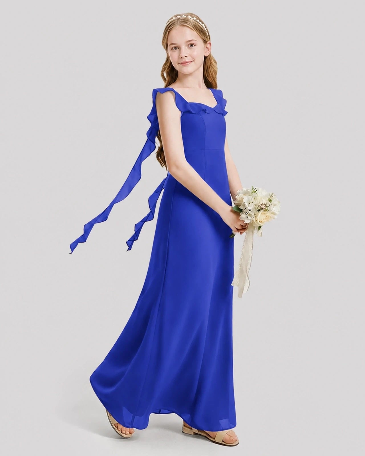 Dideyttawl Ruffle Shoulder Chiffon Junior Bridesmaid Dress