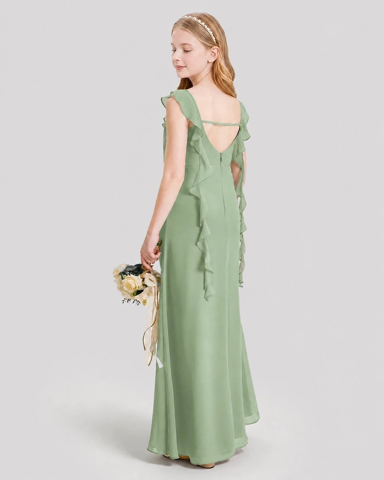 Dideyttawl Ruffle Shoulder Chiffon Junior Bridesmaid Dress