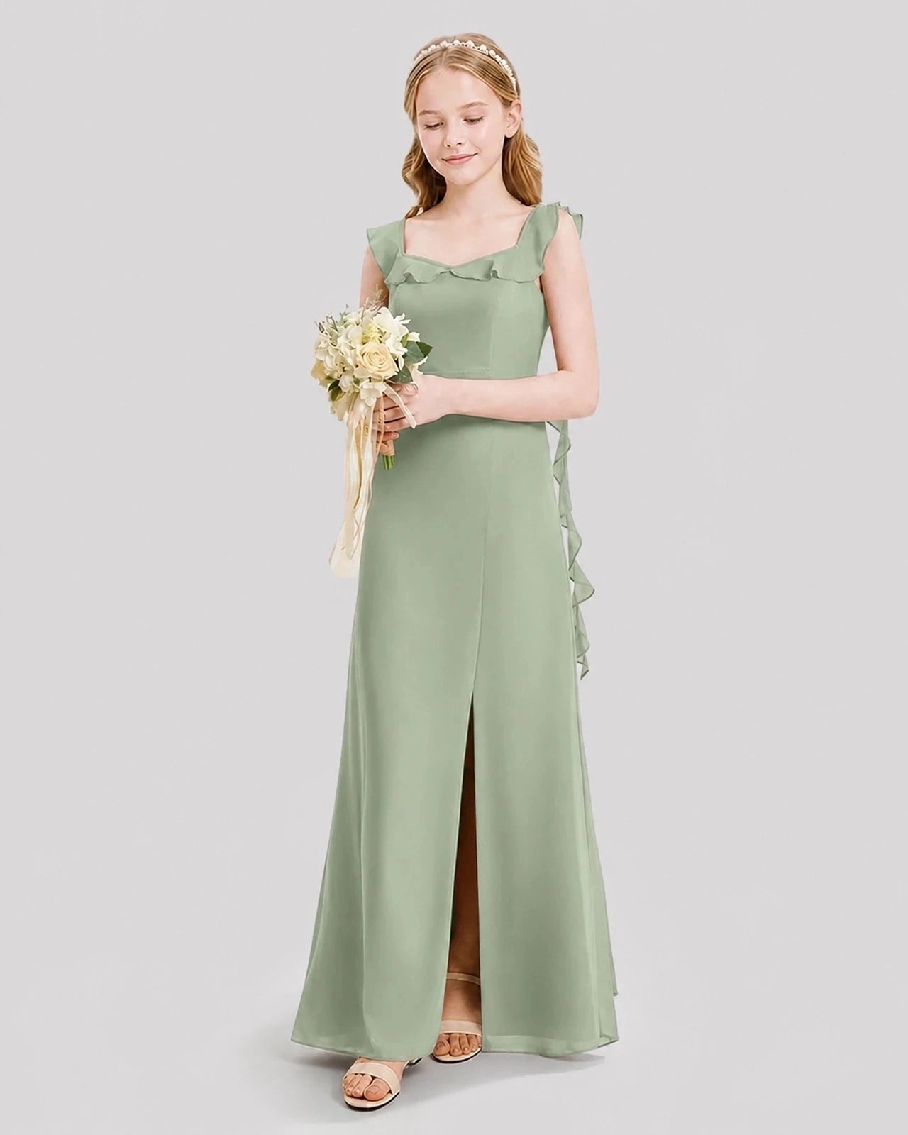 Dideyttawl Ruffle Shoulder Chiffon Junior Bridesmaid Dress