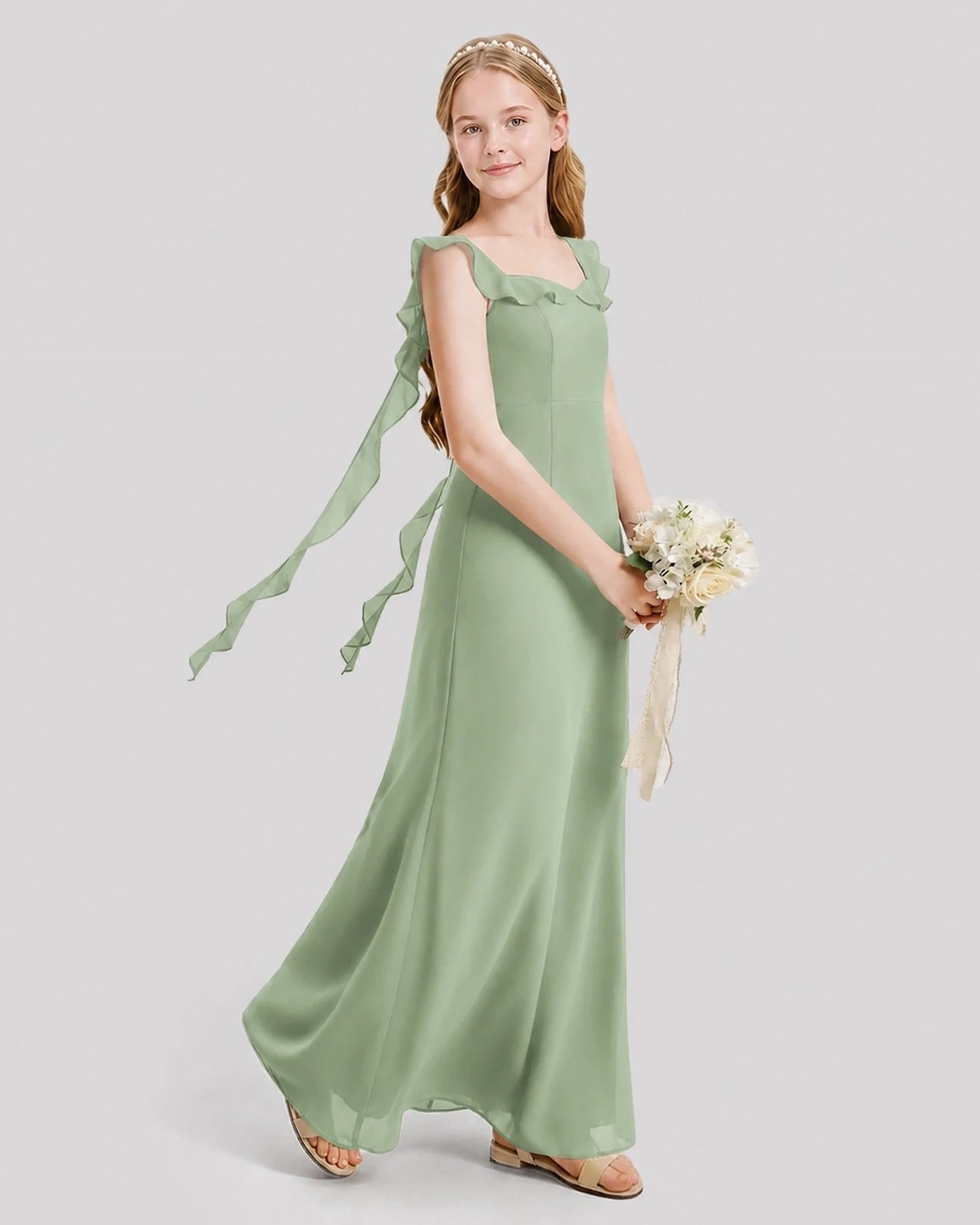 Dideyttawl Ruffle Shoulder Chiffon Junior Bridesmaid Dress