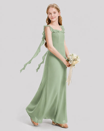 Dideyttawl Ruffle Shoulder Chiffon Junior Bridesmaid Dress
