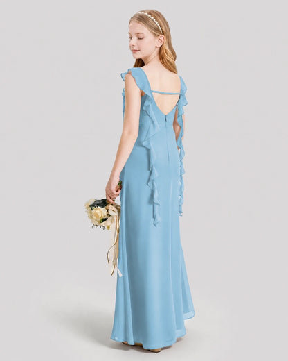 Dideyttawl Ruffle Shoulder Chiffon Junior Bridesmaid Dress