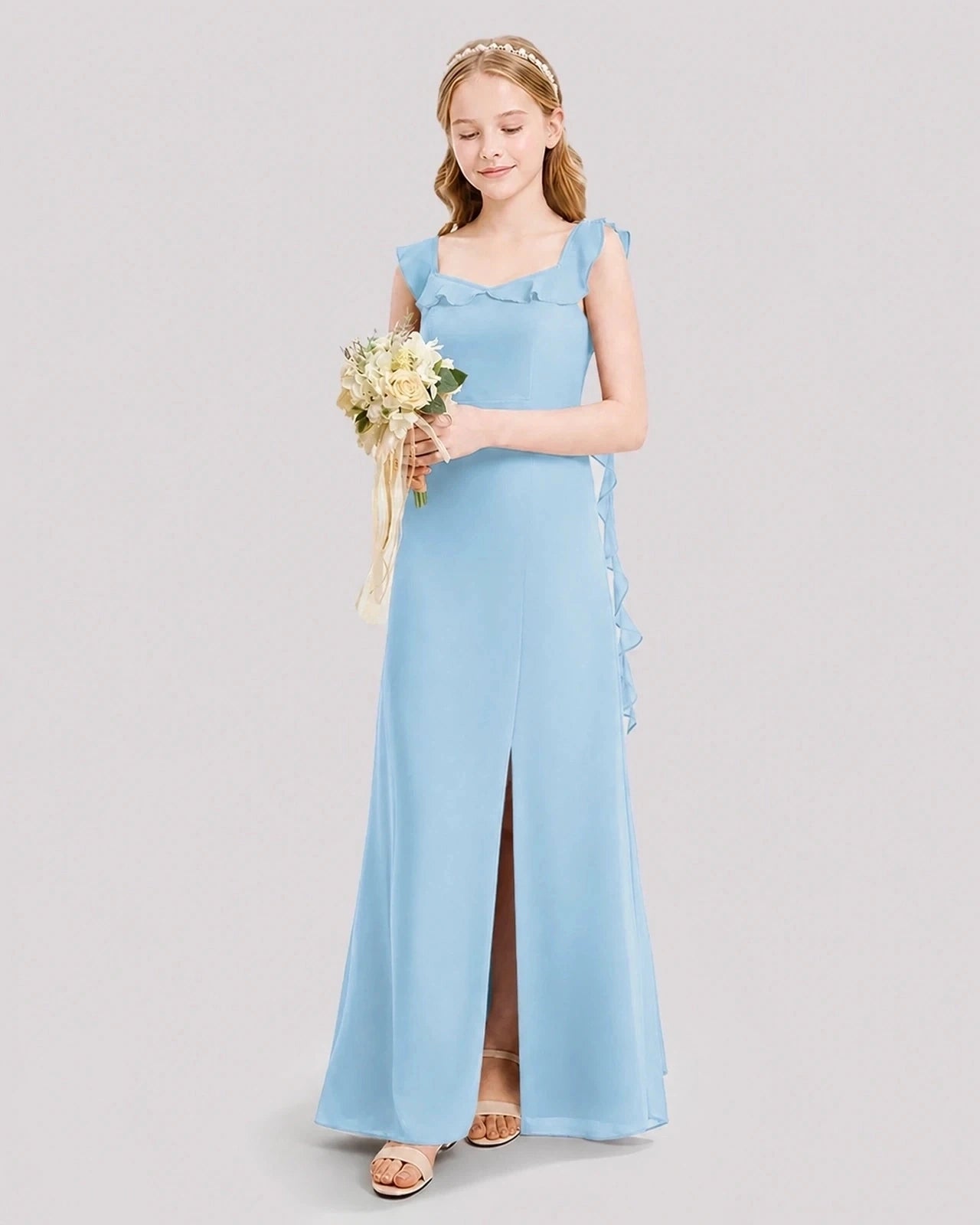 Dideyttawl Ruffle Shoulder Chiffon Junior Bridesmaid Dress