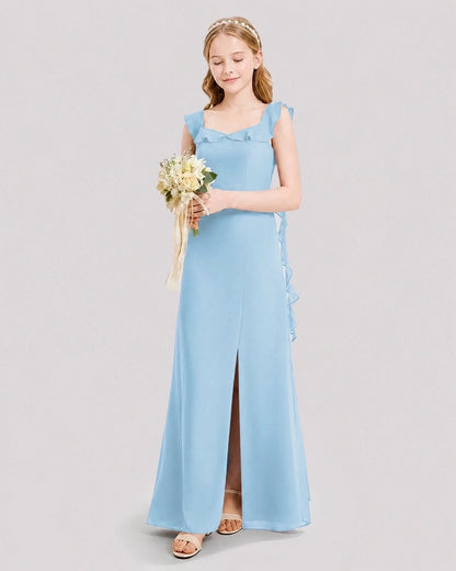 Dideyttawl Ruffle Shoulder Chiffon Junior Bridesmaid Dress