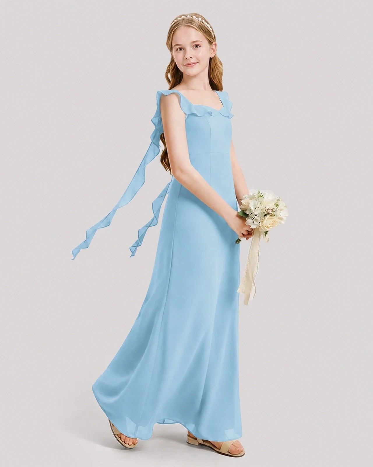 Dideyttawl Ruffle Shoulder Chiffon Junior Bridesmaid Dress