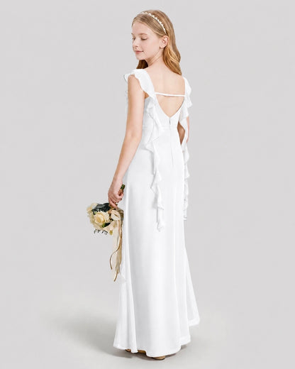 Dideyttawl Ruffle Shoulder Chiffon Junior Bridesmaid Dress