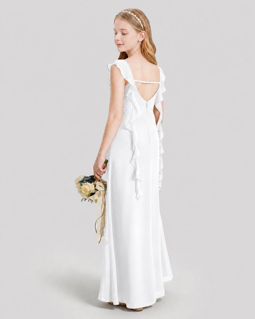 White Chiffon Ruffled V-Back Junior Bridesmaid Dresses Back View