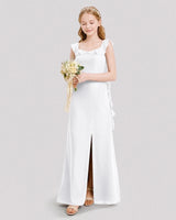White Chiffon Ruffled Split Junior Bridesmaid Dresses Front View
