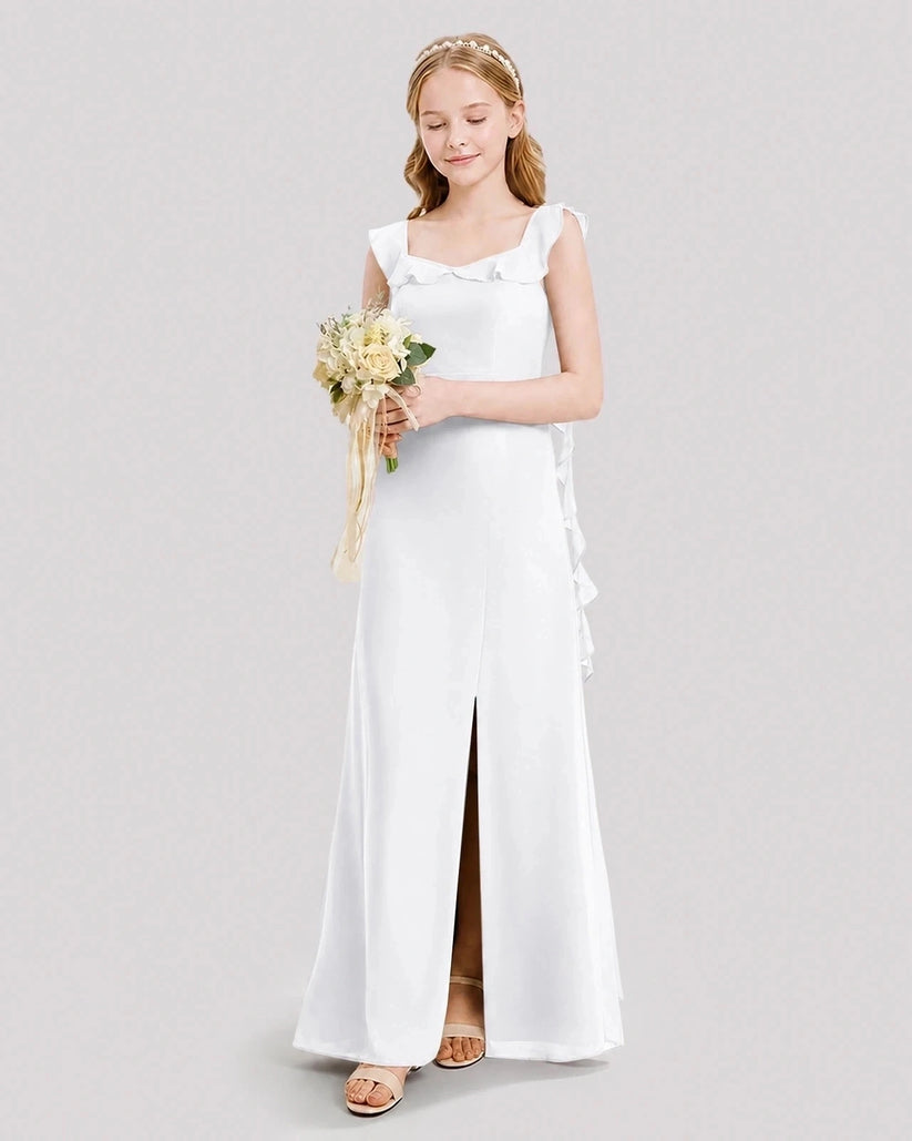 White Chiffon Ruffled Split Junior Bridesmaid Dresses Front View