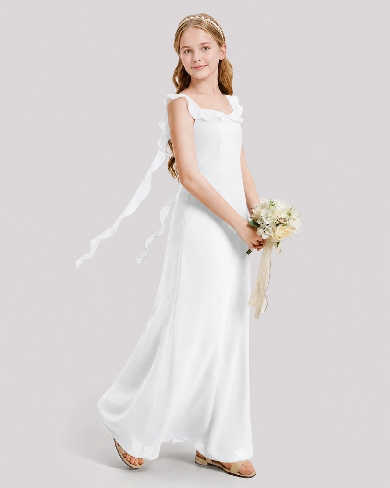 Dideyttawl Ruffle Shoulder Chiffon Junior Bridesmaid Dress