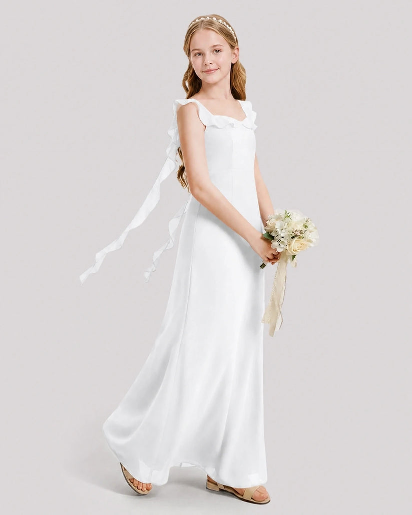 White chiffon ruffled square-neck junior bridesmaid dress Side View