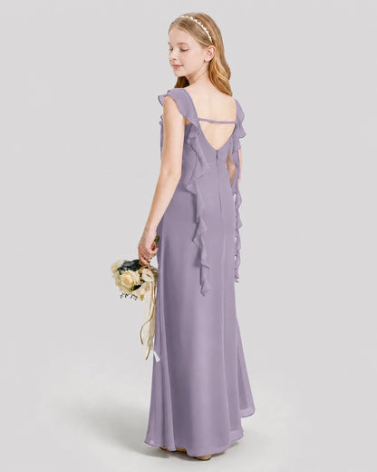 Dideyttawl Ruffle Shoulder Chiffon Junior Bridesmaid Dress