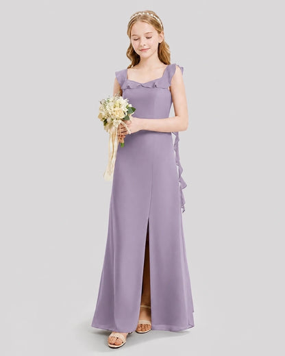 Dideyttawl Ruffle Shoulder Chiffon Junior Bridesmaid Dress