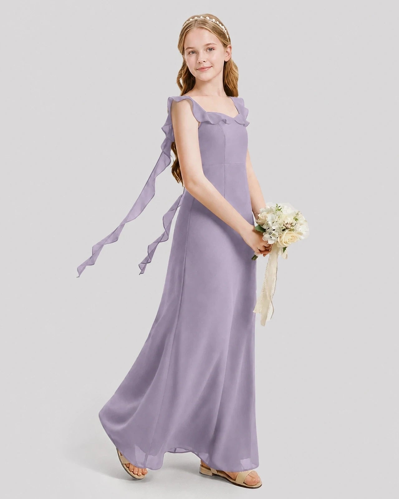Dideyttawl Ruffle Shoulder Chiffon Junior Bridesmaid Dress