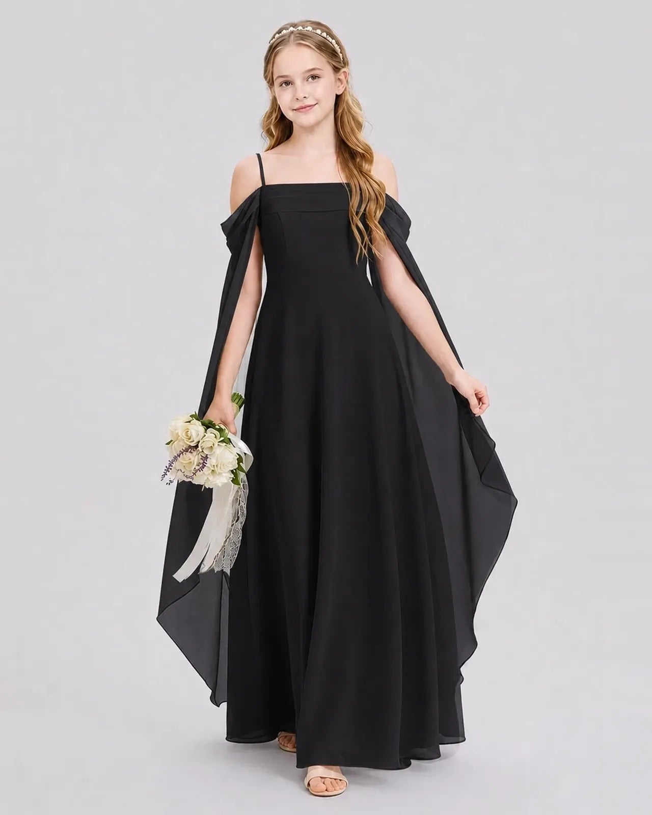 Black Chiffon A-line Junior Bridesmaid Dress Front View