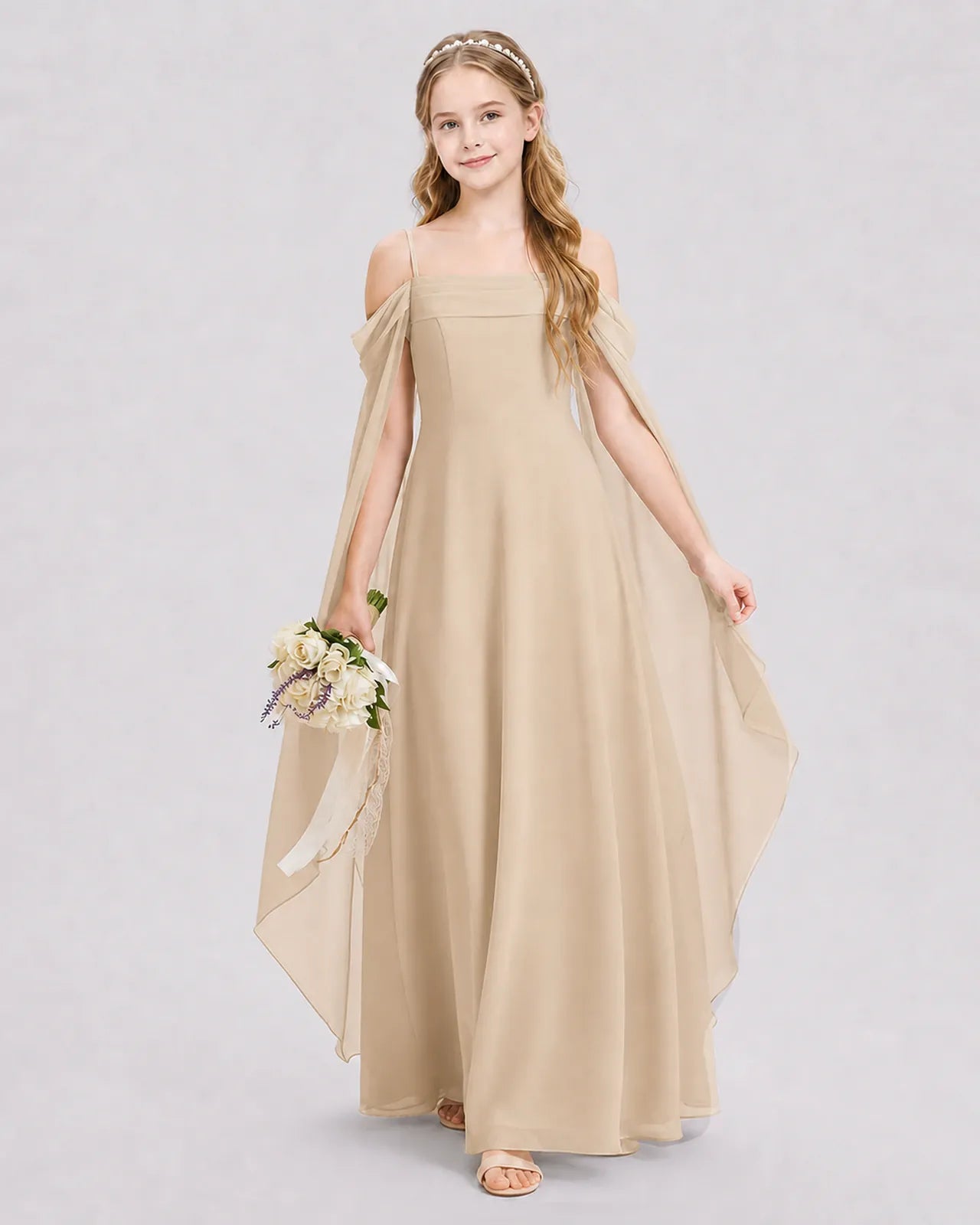 Champagne Chiffon A-line Junior Bridesmaid Dress Front View
