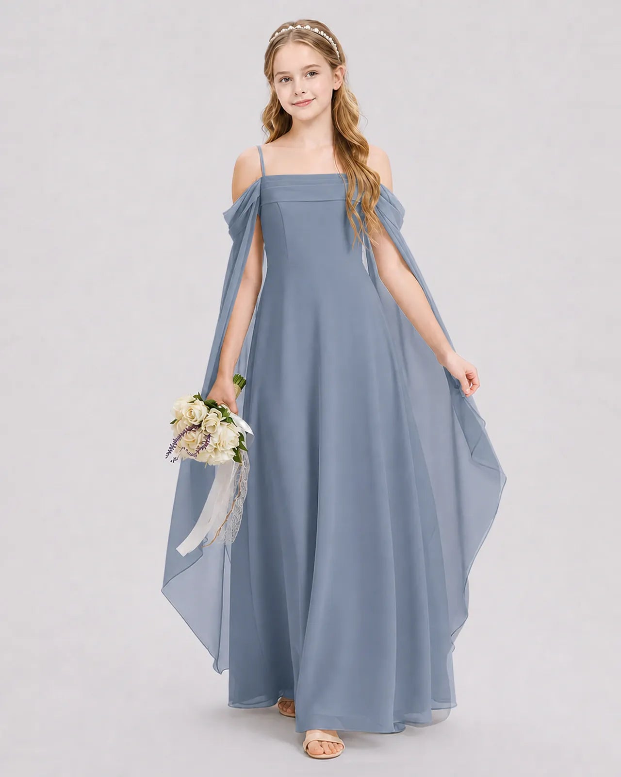 Dusty Blue Chiffon A-line Junior Bridesmaid Dress Front View