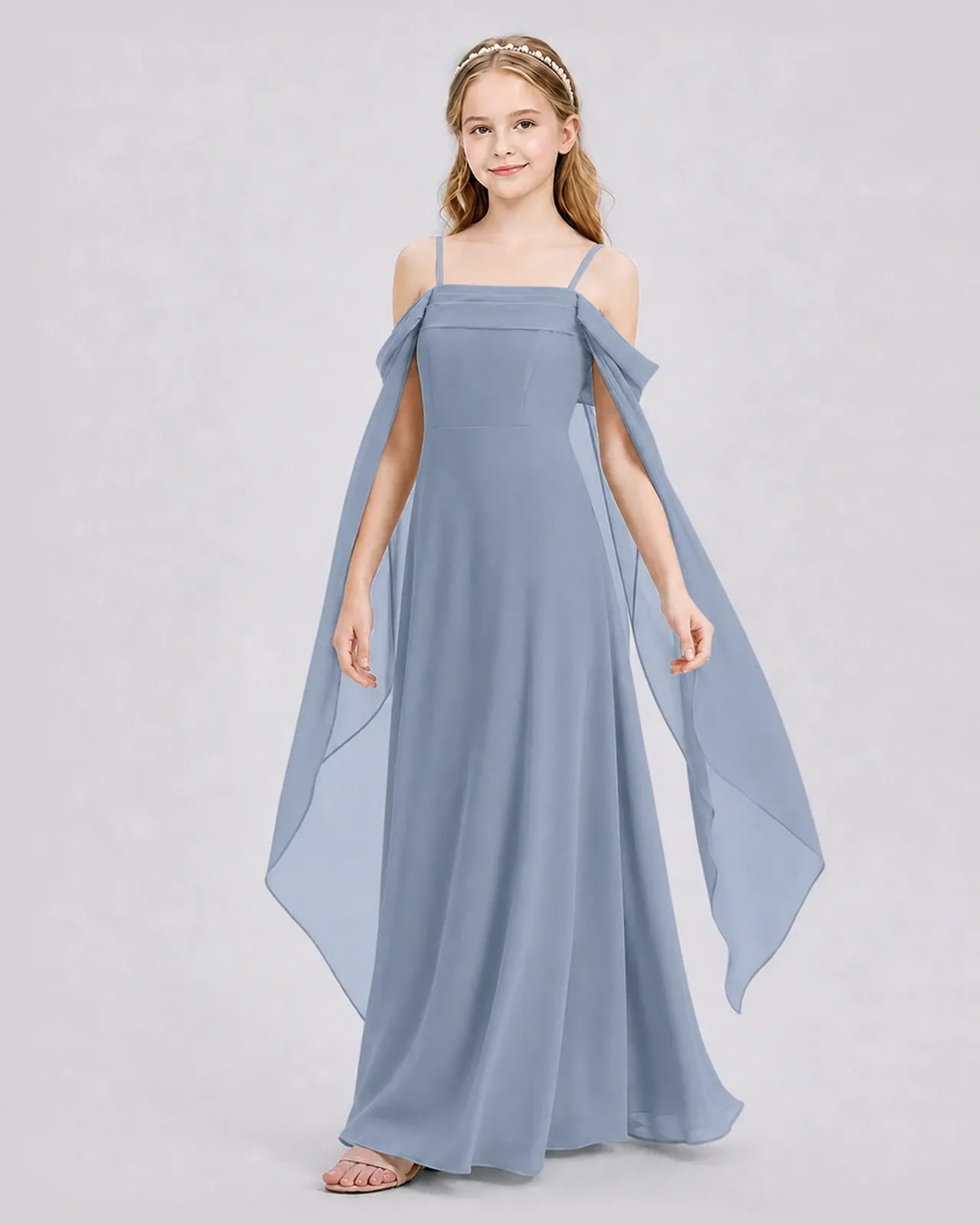 Dusty Blue Chiffon A-line Junior Bridesmaid Dress Side View