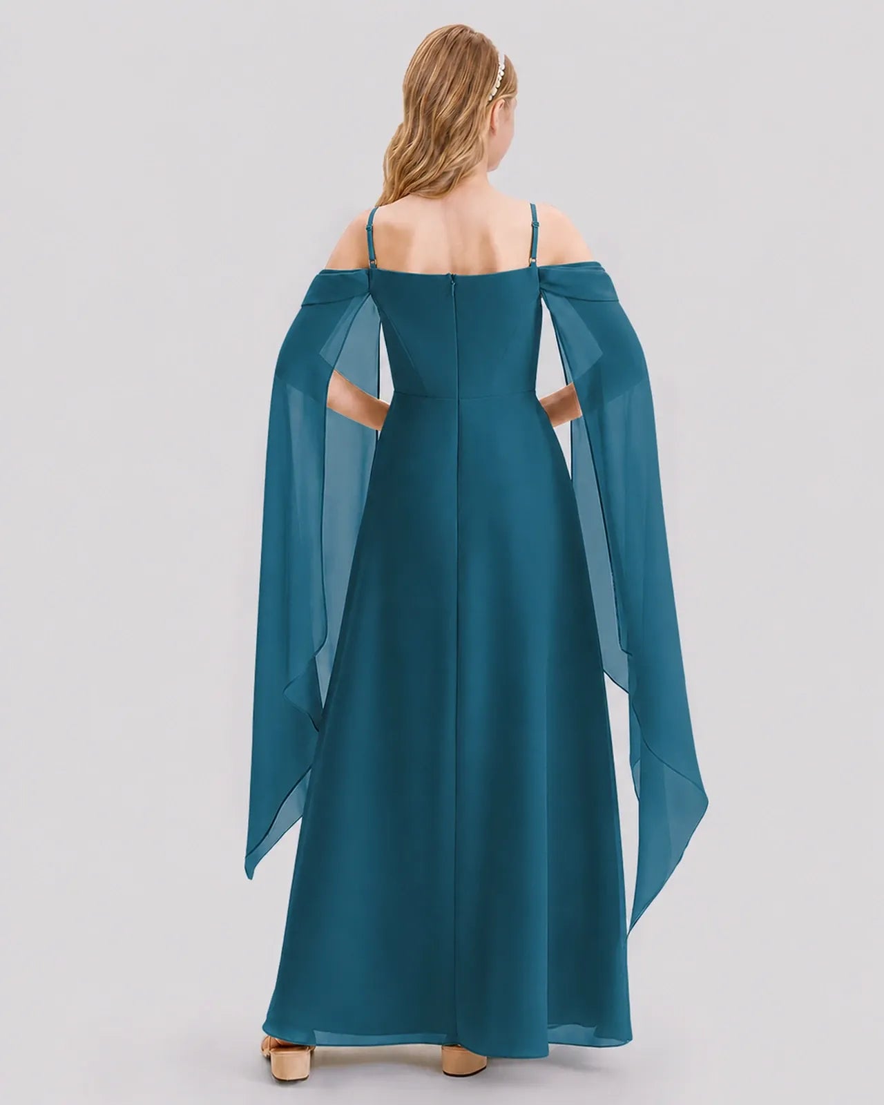 Teal Chiffon A-line Junior Bridesmaid Dress Back View