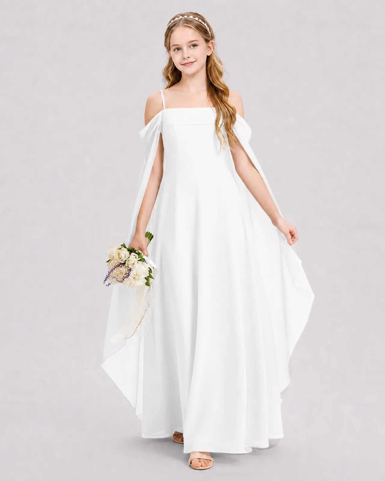 White Chiffon A-line Junior Bridesmaid Dress Front View