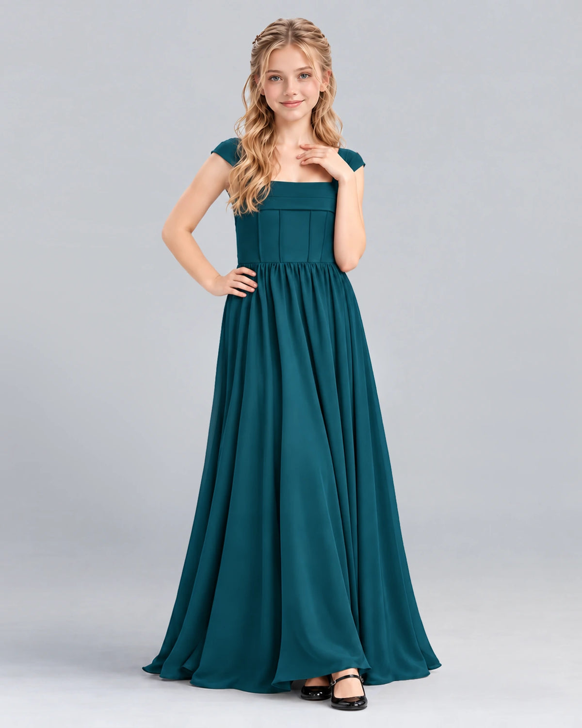 Teal A-line Junior Bridesmaid Dress Pose [Shared]