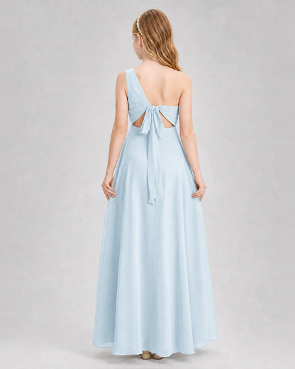 Dideyttawl One Shoulder Chiffon Junior Bridesmaid Dress with Slit