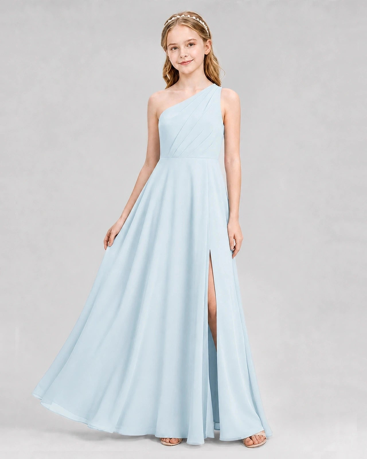 Dideyttawl One Shoulder Chiffon Junior Bridesmaid Dress with Slit