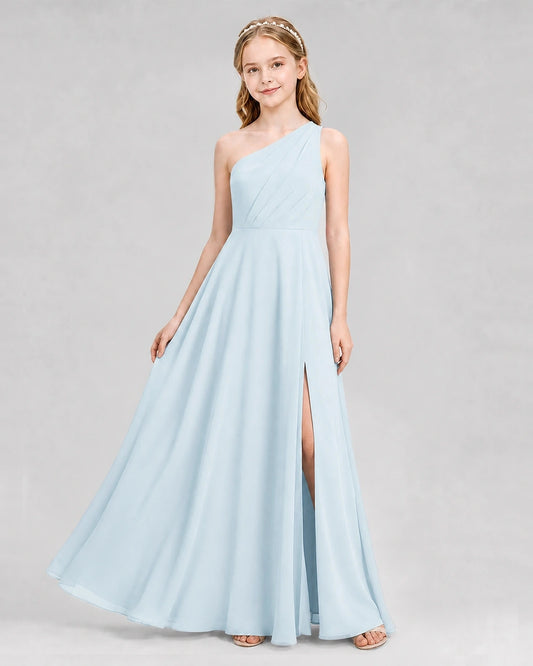 Dideyttawl One Shoulder Chiffon Junior Bridesmaid Dress with Slit