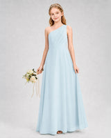 Baby Blue Chiffon One-Shoulder Pleated Junior Bridesmaid Dresses Side View