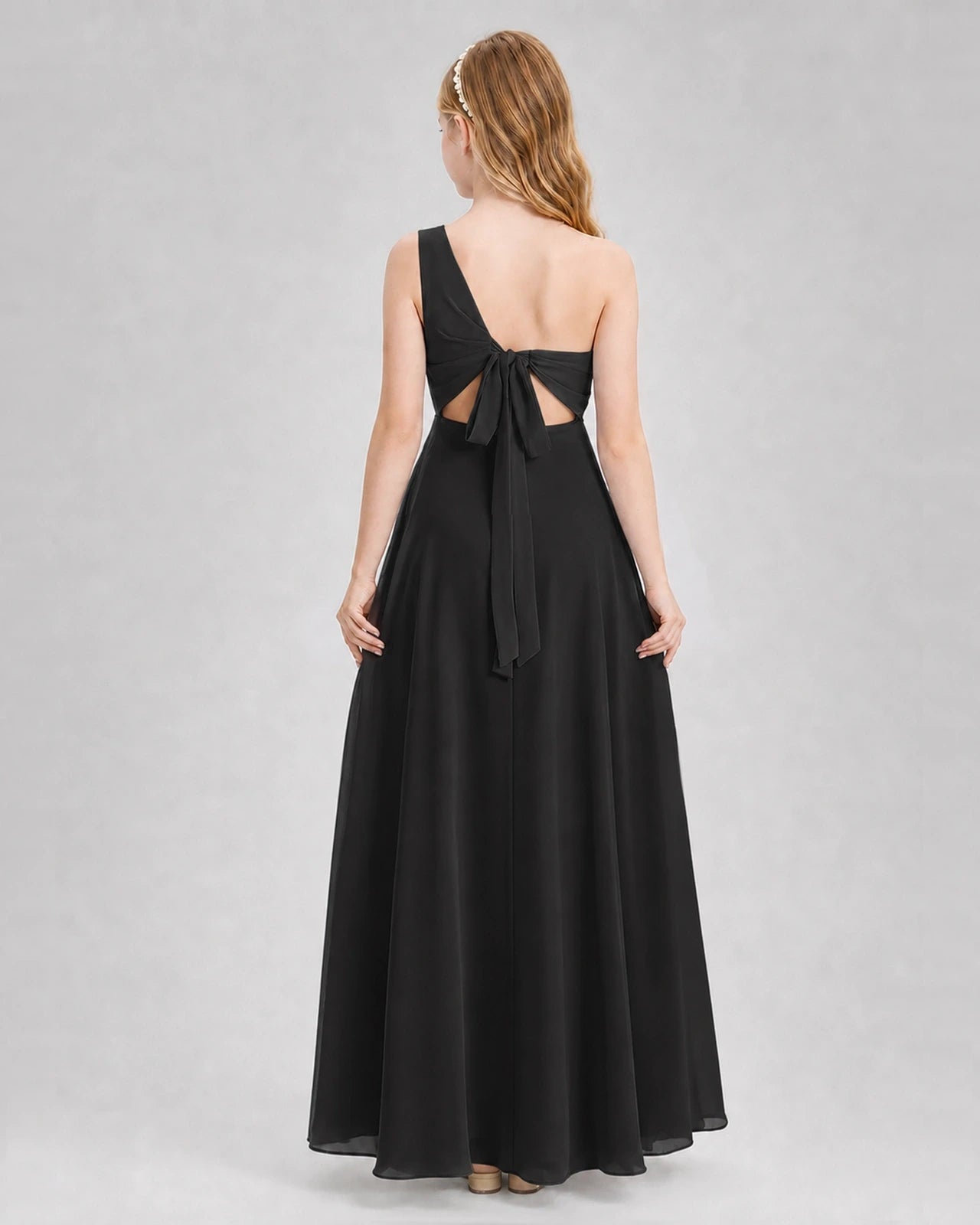 Dideyttawl One Shoulder Chiffon Junior Bridesmaid Dress with Slit