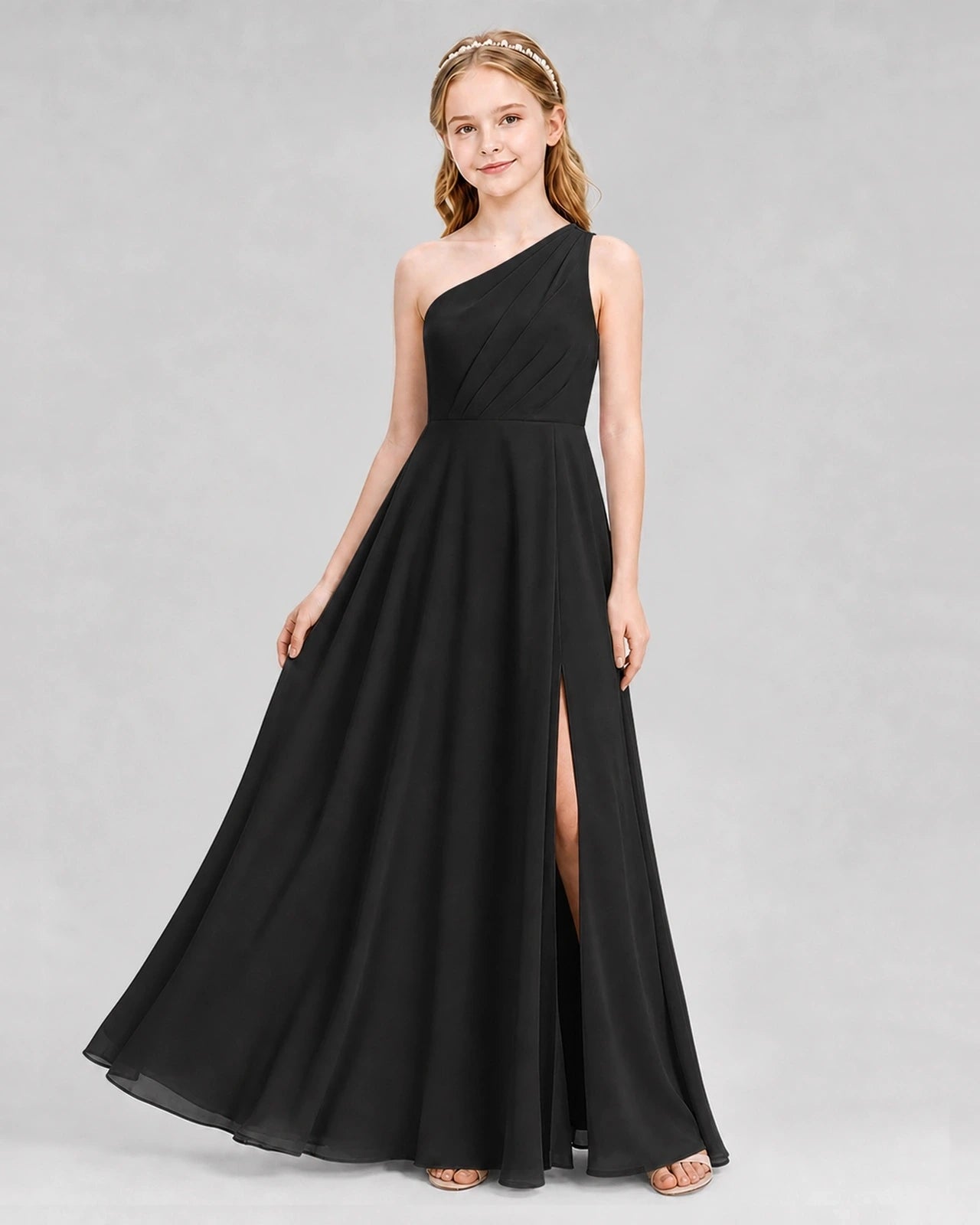 Dideyttawl One Shoulder Chiffon Junior Bridesmaid Dress with Slit