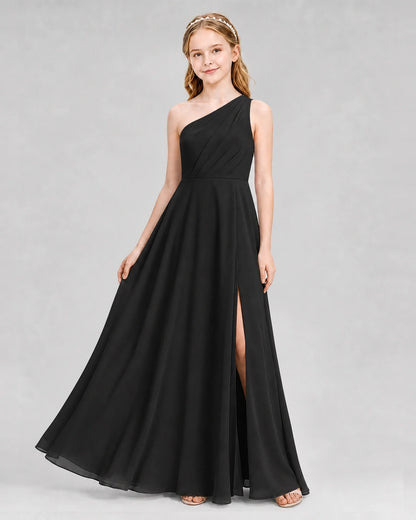 Dideyttawl One Shoulder Chiffon Junior Bridesmaid Dress with Slit