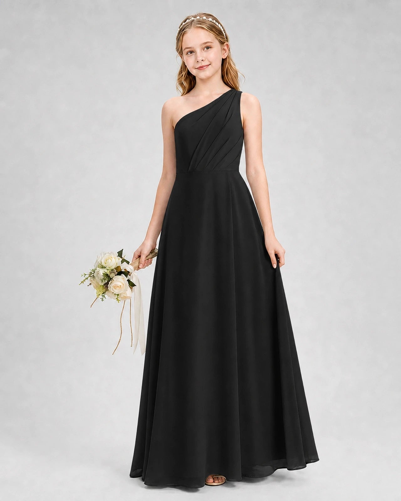 Dideyttawl One Shoulder Chiffon Junior Bridesmaid Dress with Slit