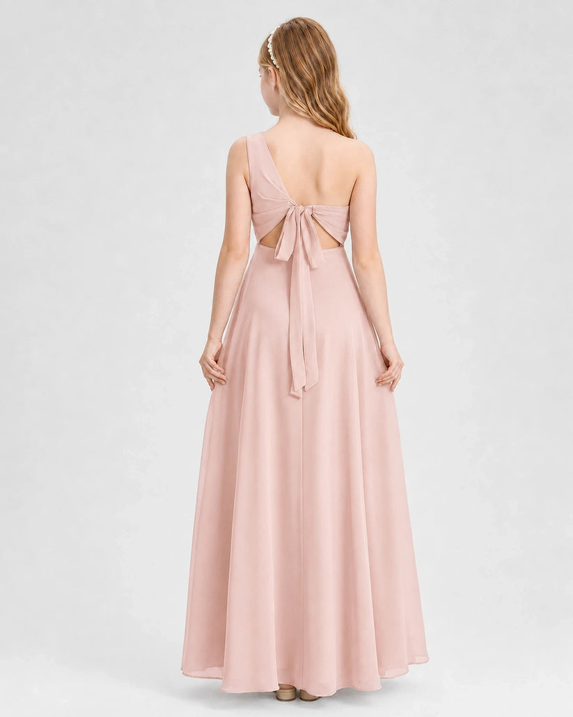 Blush Pink Chiffon One-Shoulder Junior Bridesmaid Dress Back View
