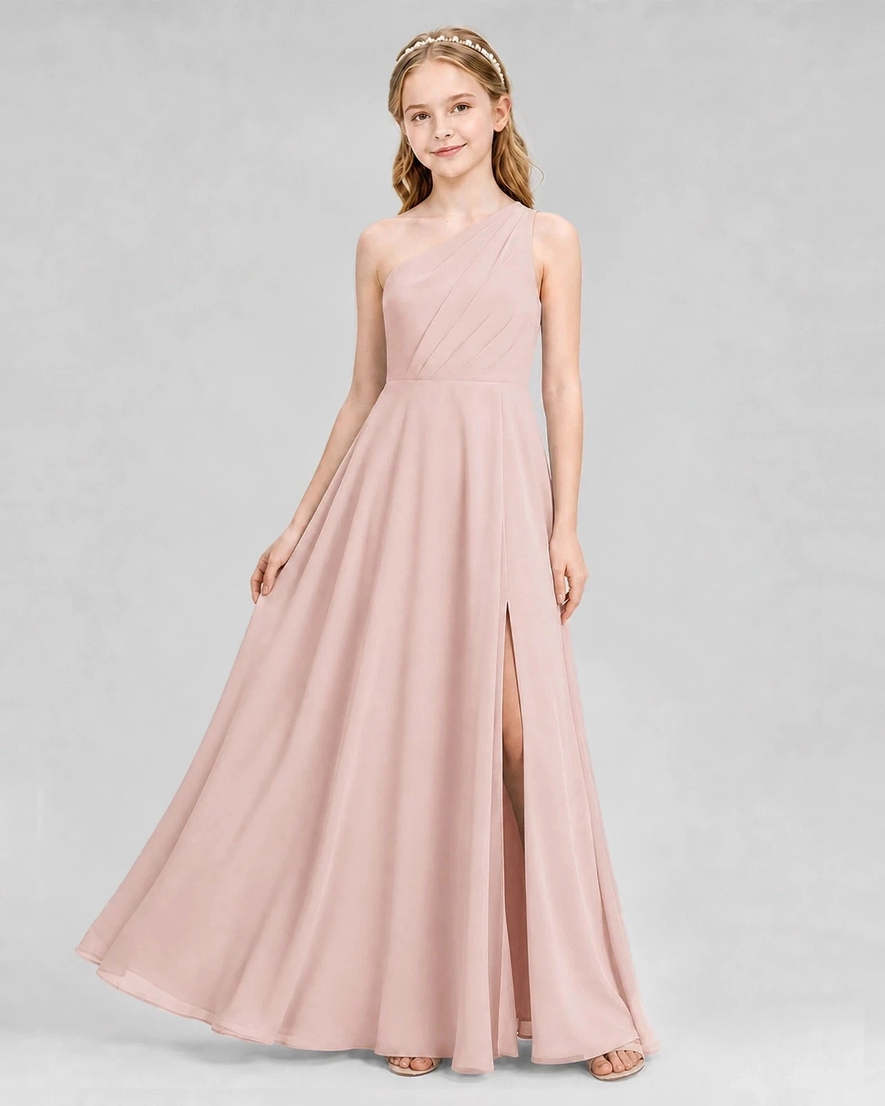 Dideyttawl One Shoulder Chiffon Junior Bridesmaid Dress with Slit