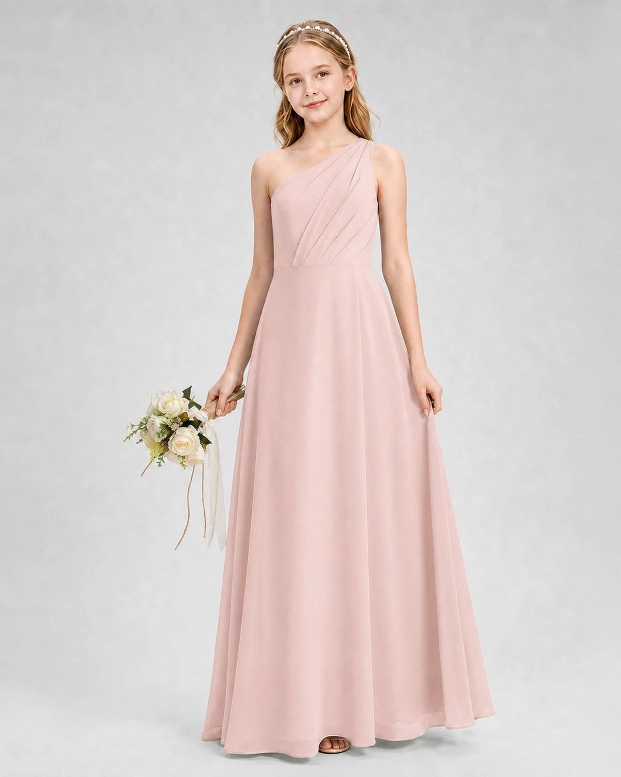 Dideyttawl One Shoulder Chiffon Junior Bridesmaid Dress with Slit