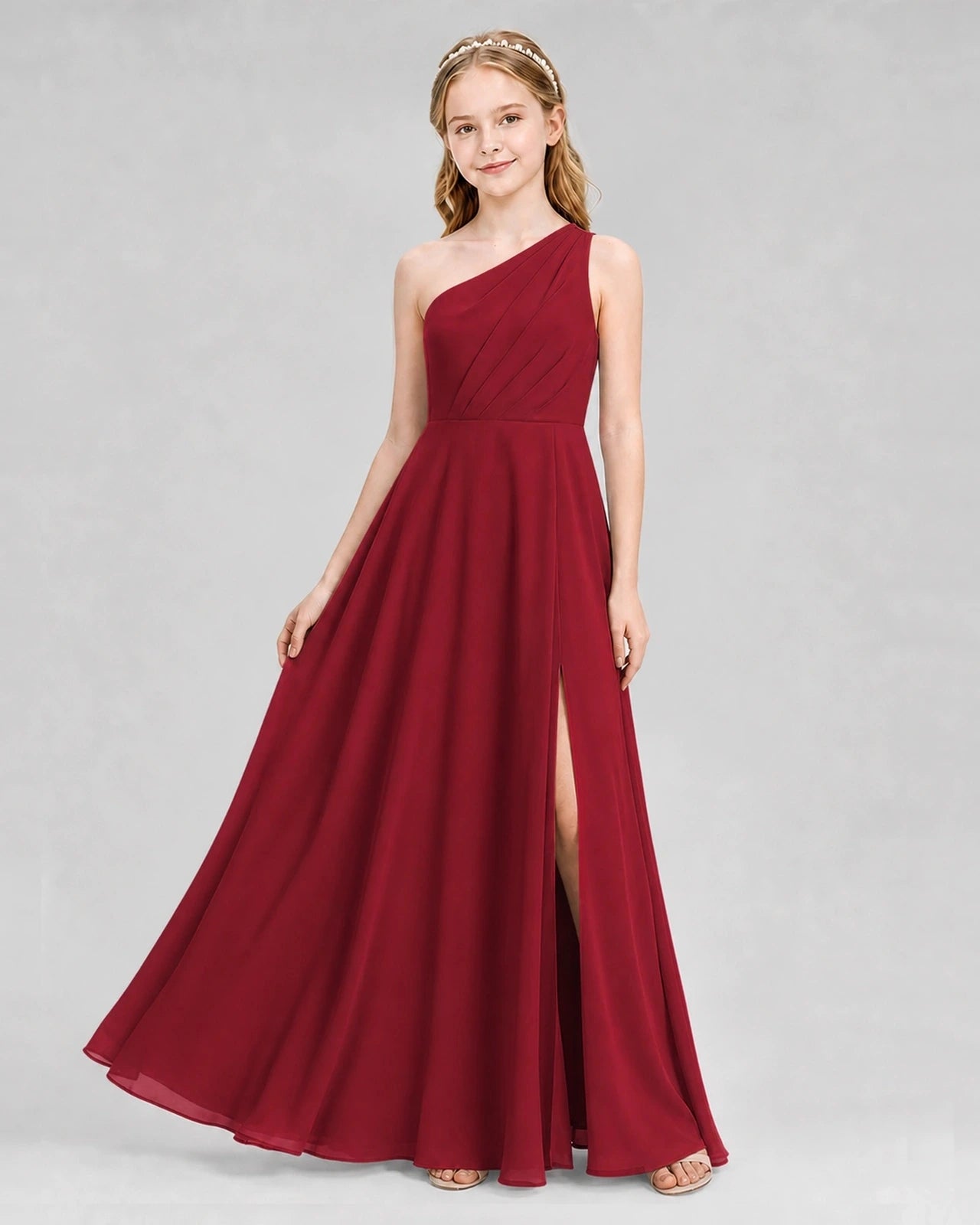 Dideyttawl One Shoulder Chiffon Junior Bridesmaid Dress with Slit