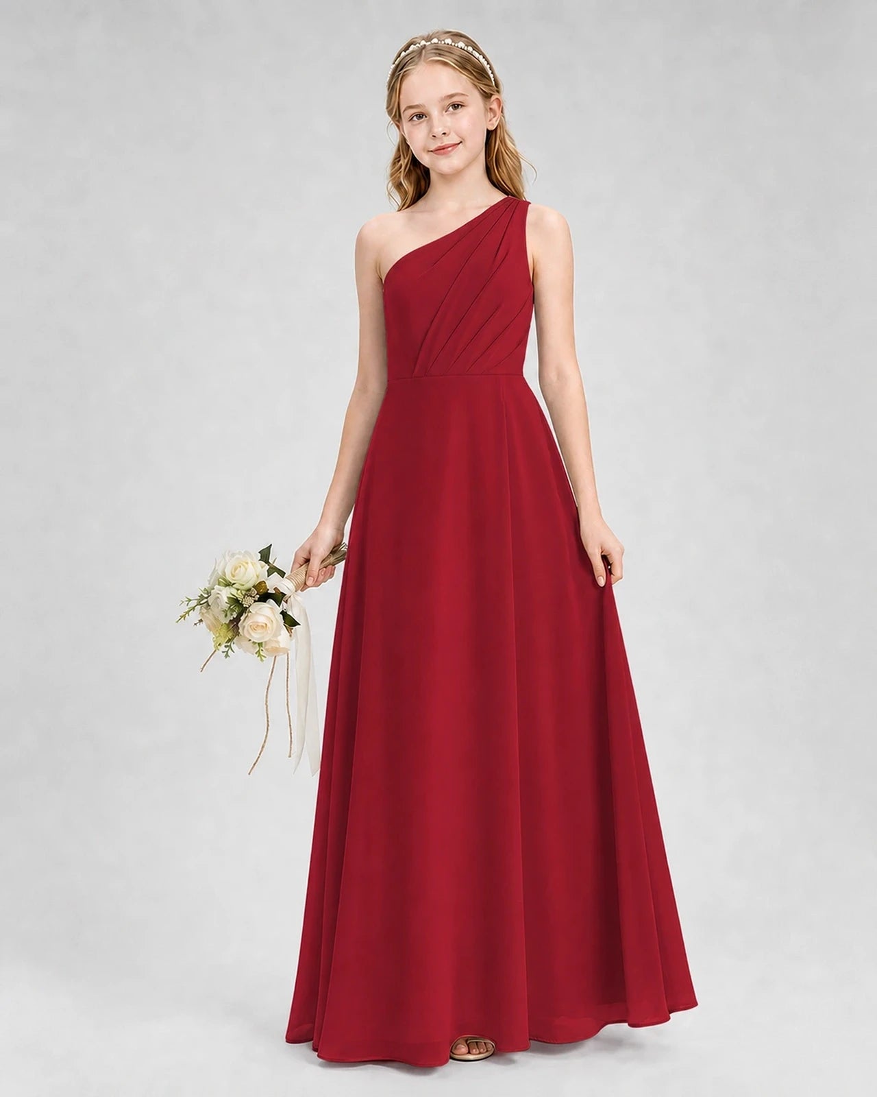 Dideyttawl One Shoulder Chiffon Junior Bridesmaid Dress with Slit