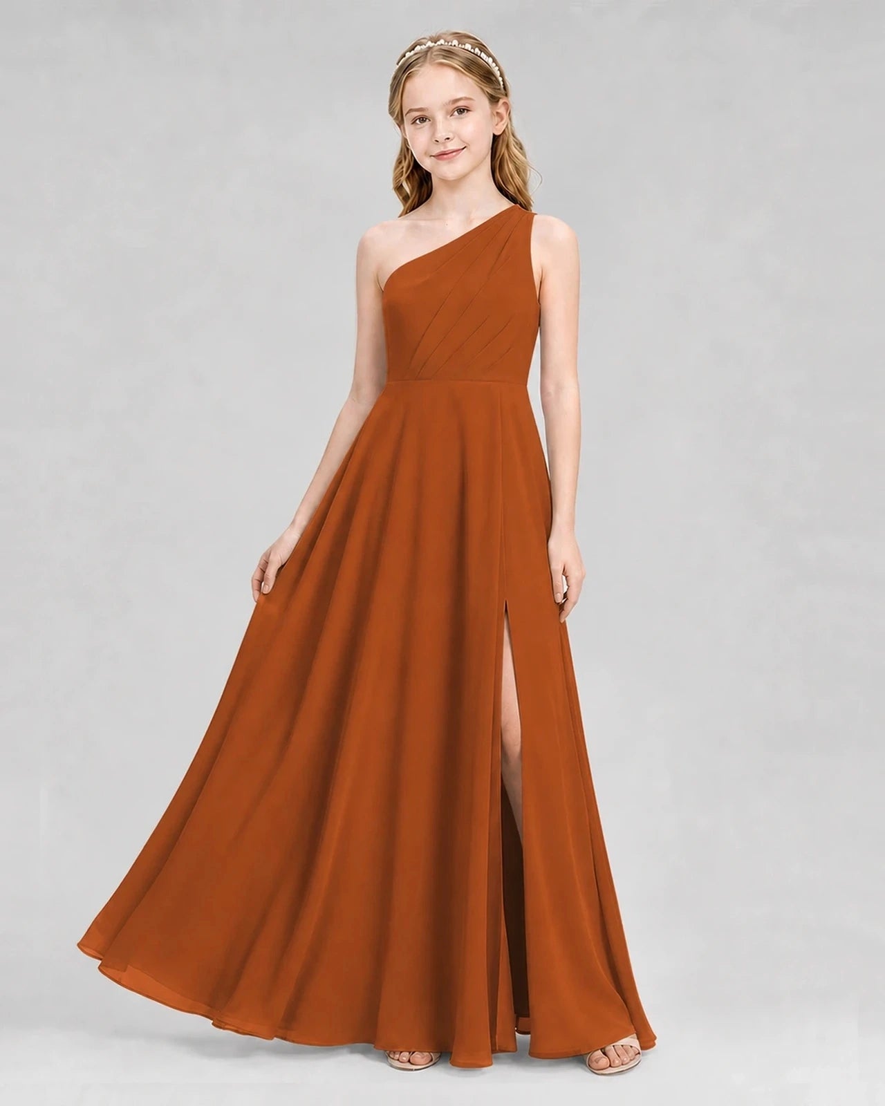 Dideyttawl One Shoulder Chiffon Junior Bridesmaid Dress with Slit