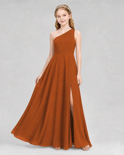 Dideyttawl One Shoulder Chiffon Junior Bridesmaid Dress with Slit