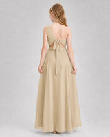 Champagne Chiffon One-Shoulder A-Line Junior Bridesmaid Dresses Back View