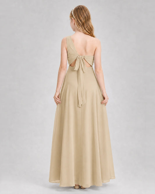 Champagne Chiffon One-Shoulder A-Line Junior Bridesmaid Dresses Back View