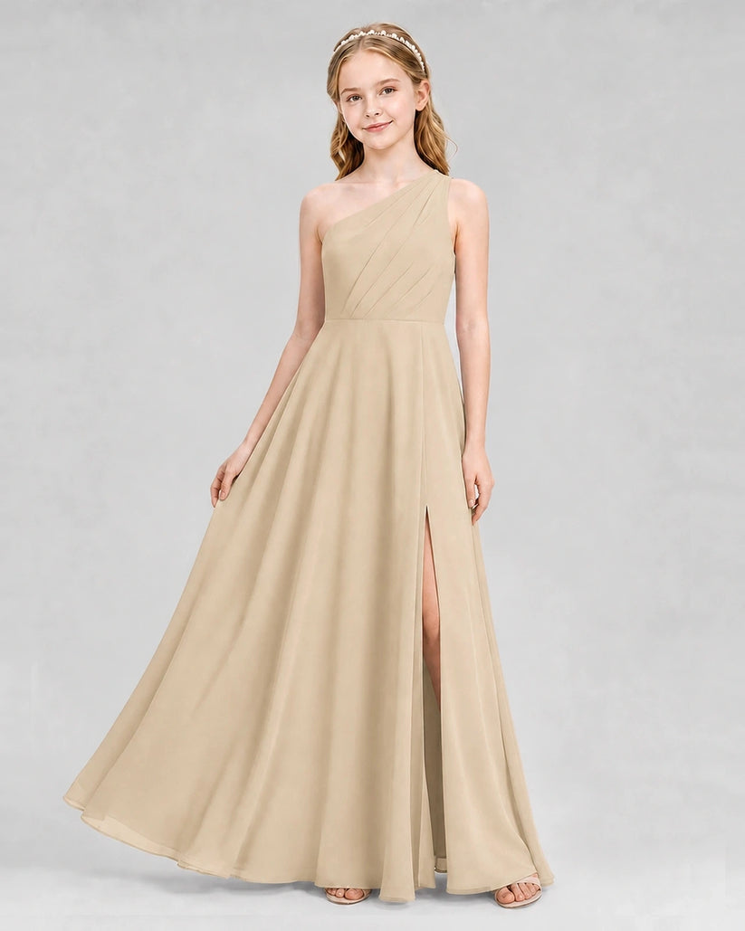 Champagne Chiffon One-Shoulder A-Line Junior Bridesmaid Dresses Front View